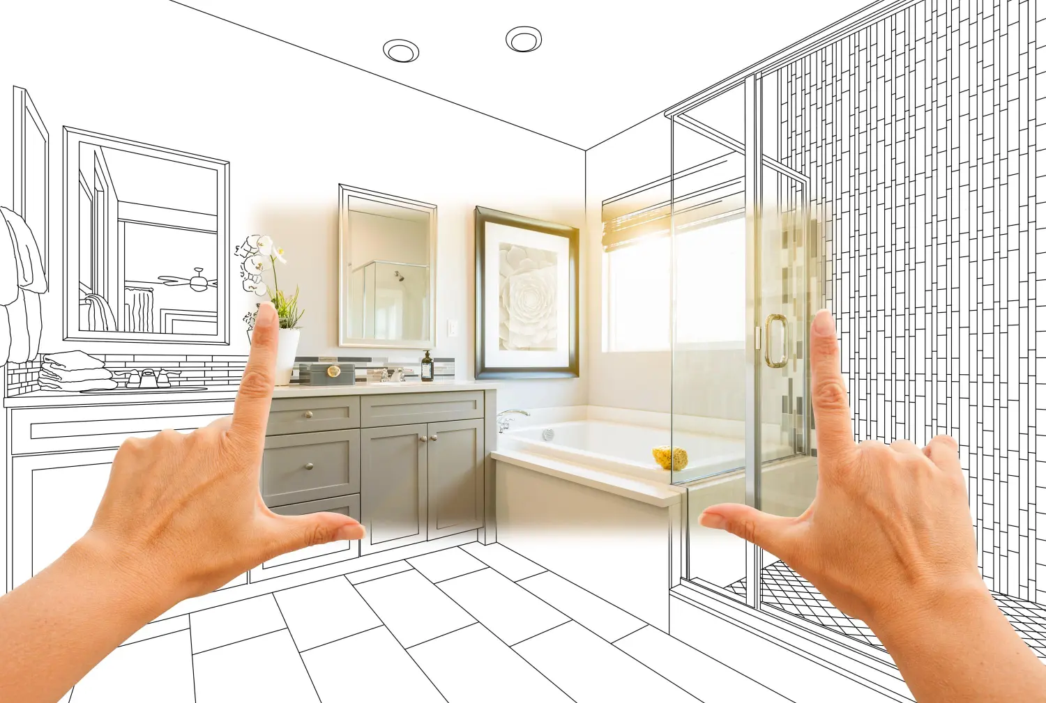 Hände Framing Custom Master Badezimmer Foto Abschnitt mit Zeichnung hinter